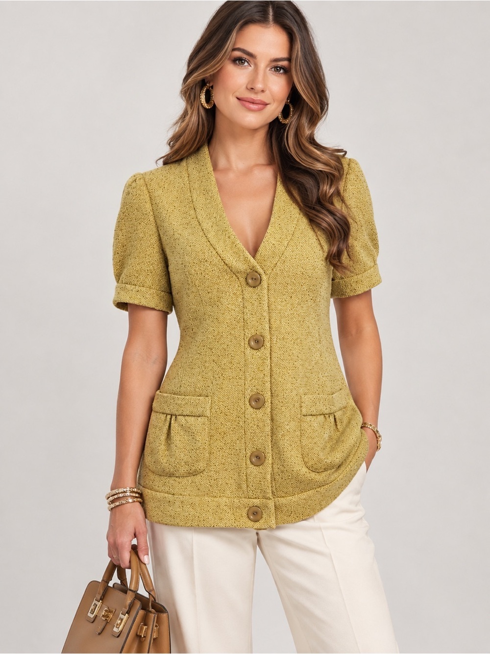 Tabitha Anthropologie Mustard Yellow Tweed Short Sleeve Blazer Jacket 6